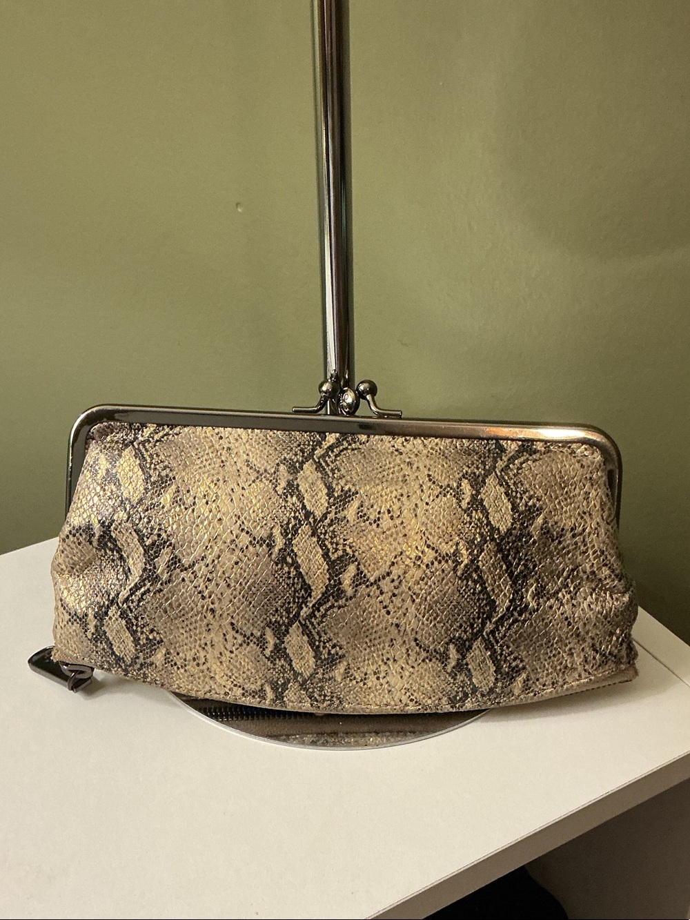 HOBO Mavis Snake-Embossed Clutch Wallet in Tan and Black Double Kisslock EUC